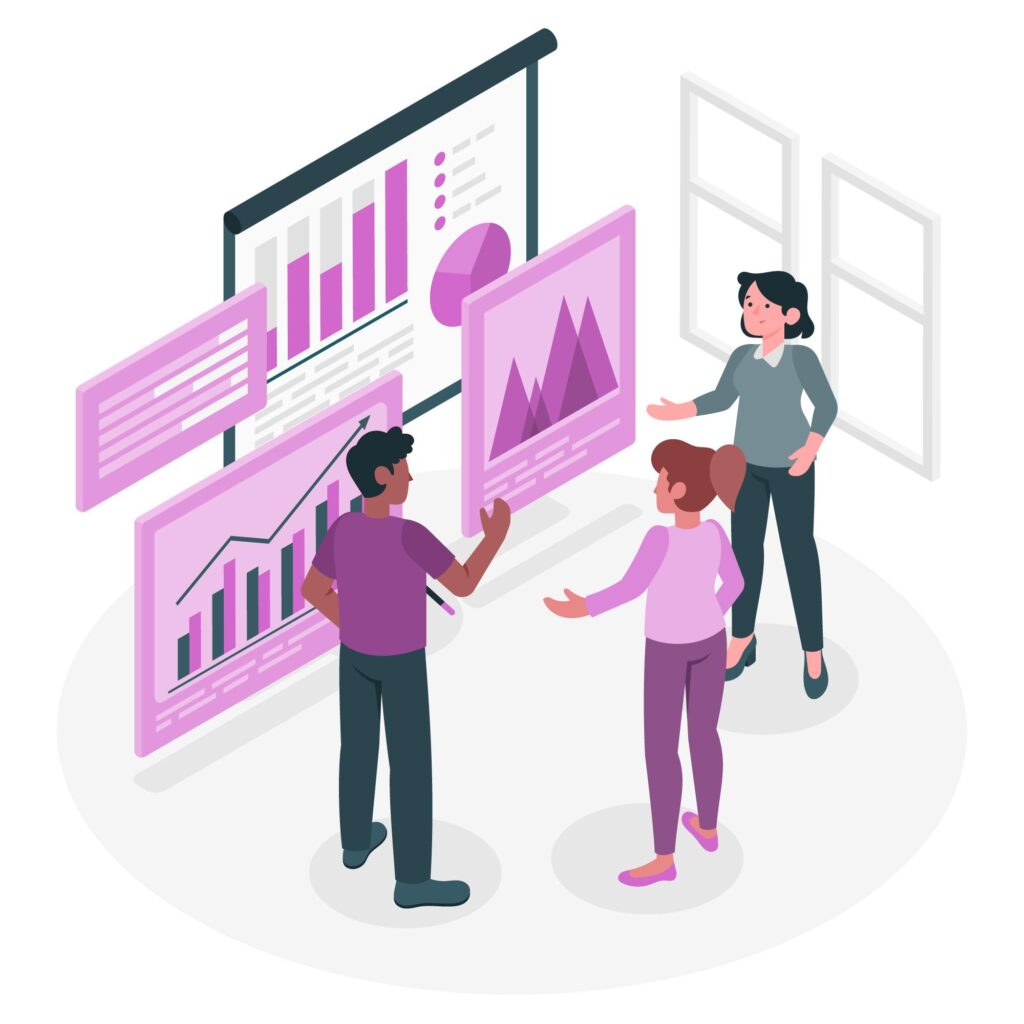 3 coworkers reviewing metrics of a sales and marketing campaign using 3 different chart patterns